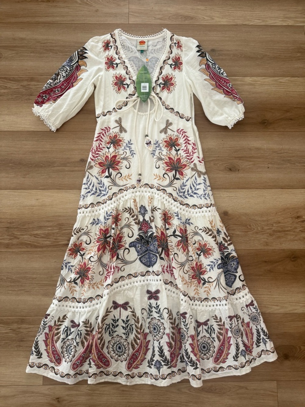 FARM RIO SMALL Boho Ivory Maxi Dress with Red & Blue Paisley print